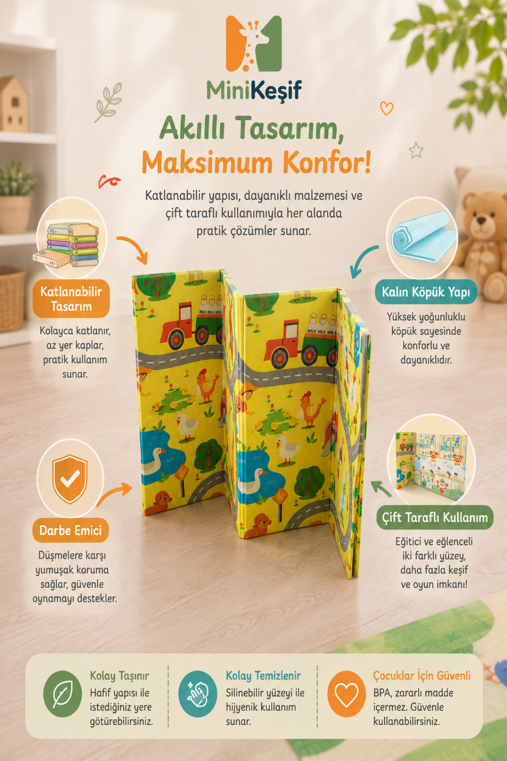Katlanabilir Çift Taraflı Oyun Matı (Çiftlik & Alfabe)